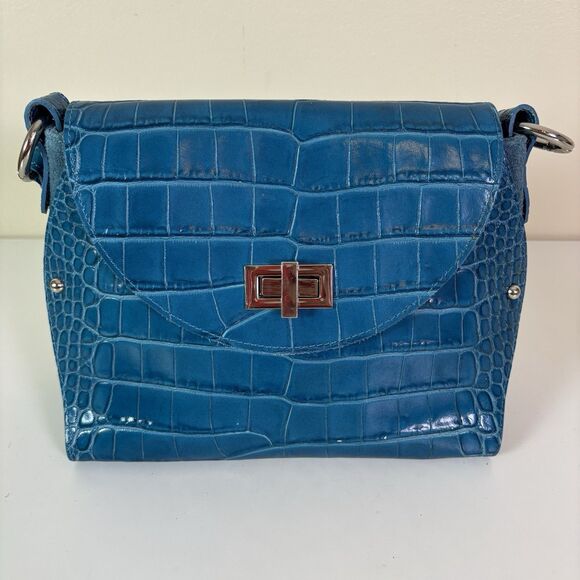 Claudia Firenze Teal Leather Croc-Embossed Handbag Rope Handle Chic Purse Italy - Picture 1 of 16